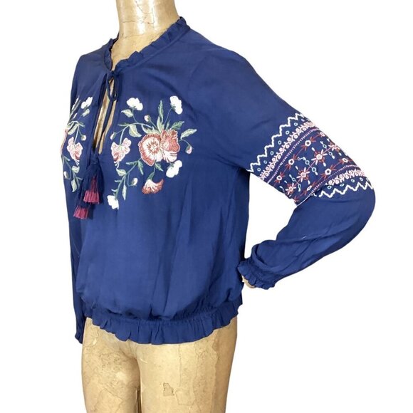 AE/American Eagle BOHO Embroidered Tie Neck Top Long Sleeve S Navy Blue #311J - Picture 5 of 12